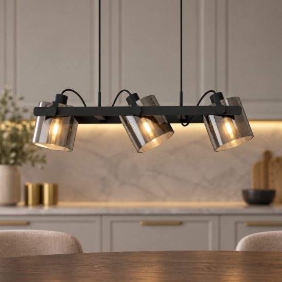 Eglo hornwood 2 lampadario a sospensione 3 luci 78cm per cucina moderno nero con vetri fumé