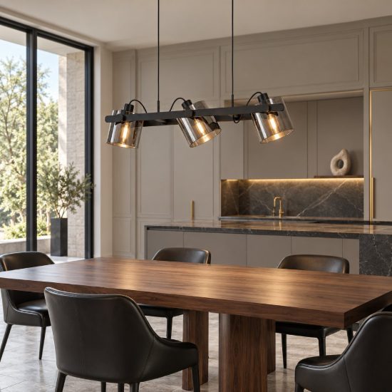 Eglo hornwood 2 lampadario a sospensione 3 luci 78cm per cucina moderno nero con vetri fumé