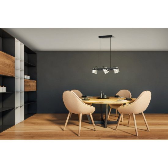 Eglo hornwood 2 lampadario a sospensione 3 luci 78cm per cucina moderno nero con vetri fumé