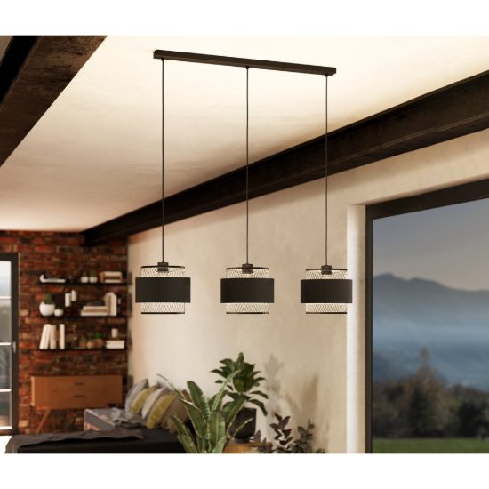 Eglo bazely lampadario a sospensione 3 luci 99cm per cucina moderno nero