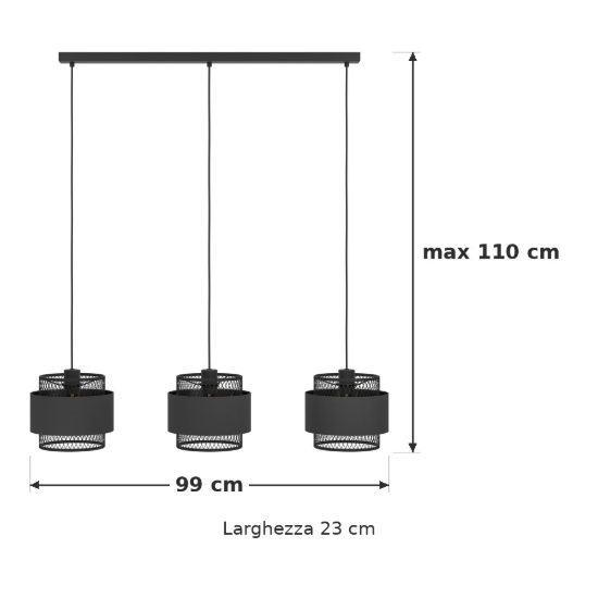 Eglo bazely lampadario a sospensione 3 luci 99cm per cucina moderno nero