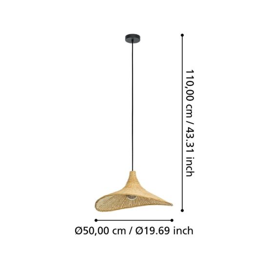Eglo haxey lampadario a sospensione 50cm per soggiorno rustico nero con paralume in legno naturale