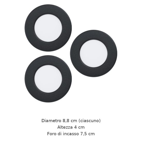 Eglo fueva 6 set 3 faretti da incasso per cartongesso led 3x3,7w cct 2700k 6500k foro 7,5cm nero