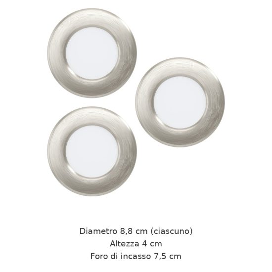 Eglo fueva 6 set 3 faretti da incasso per cartongesso led 3x3,7w cct 2700k 6500k foro 7,5cm nichel opaco