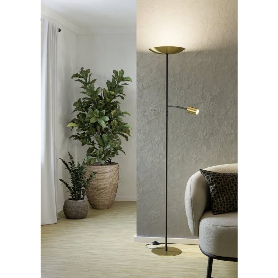 Eglo conivarino piantana led 30,5w 2700k 170cm dimmerabile per soggiorno moderna ottone e nera