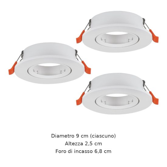 Eglo barranco gu10 set 3 faretti da incasso per cartongesso orientabili foro 6,8cm bianco