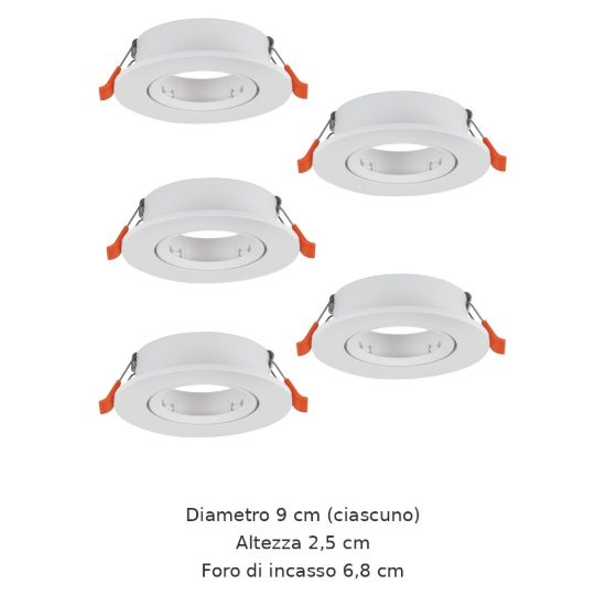 Eglo barranco gu10 set 5 faretti da incasso per cartongesso orientabili foro 6,8cm bianco