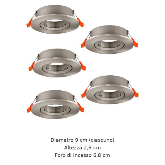 Eglo barranco gu10 set 5 faretti da incasso per cartongesso orientabili foro 6,8cm nichel opaco