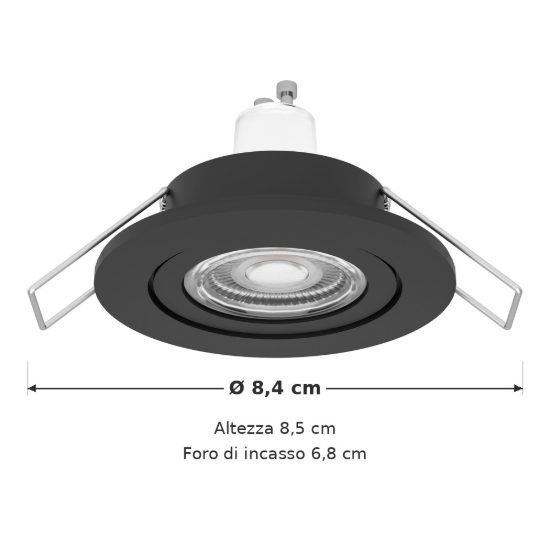 Eglo barranco gu10 faretto da incasso per cartongesso orientabile led 4,5w 3000k ip44 foro 6,8cm nero