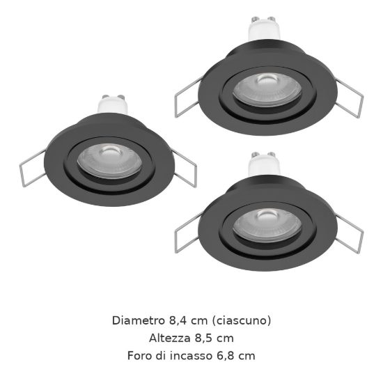 Eglo barranco gu10 set 3 faretti da incasso per cartongesso orientabili led 3x4,5w 3000k ip44 foro 6,8cm nero