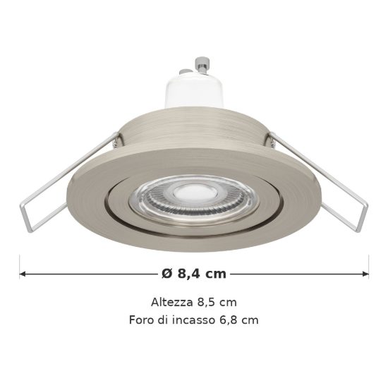 Eglo barranco gu10 faretto da incasso per cartongesso orientabile led 4,5w 3000k ip44 foro 6,8cm nichel opaco