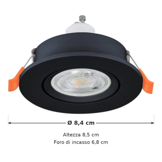 Eglo barranco gu10 faretto da incasso per cartongesso orientabile led 4,5w 4000k ip44 foro 6,8cm nero
