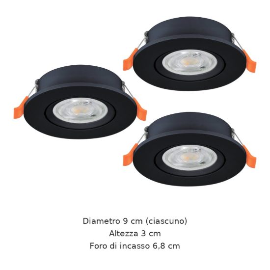 Eglo barranco set 3 faretti da incasso per cartongesso orientabili led 3x4,5w cct 2700k 6500k foro 6,8cm nero