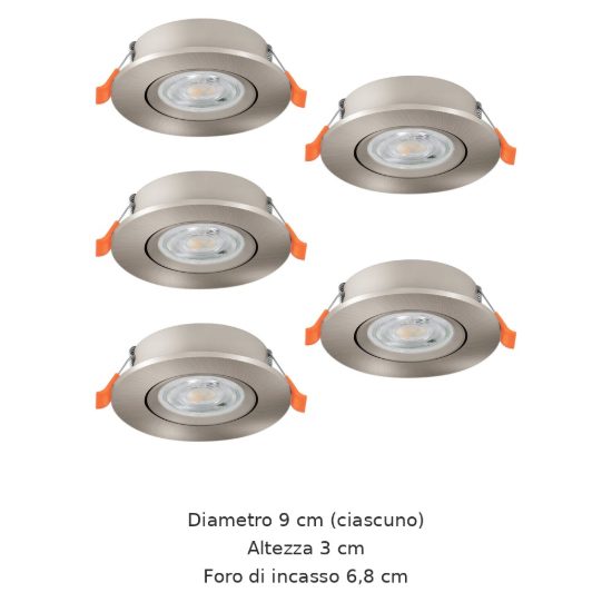 Eglo barranco set 5 faretti da incasso per cartongesso orientabili led 5x4,5w cct 2700k 6500k foro 6,8cm nichel opaco
