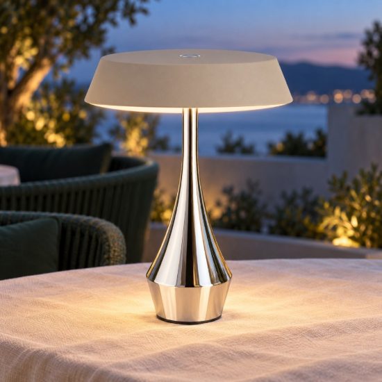 Eglo turcio lampada da tavolo per esterno led 5w cct 2500k 4000k 20cm ip44 ricaricabile moderna cromo e sabbia