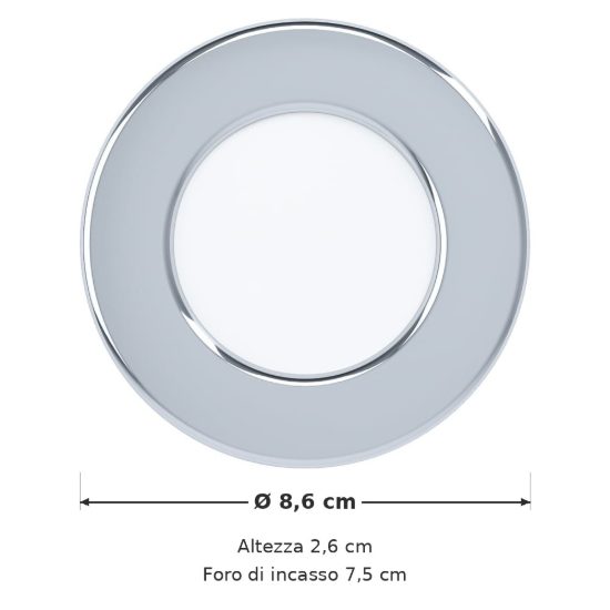 Eglo fueva 5 faretto da incasso per cartongesso led 2,7w 4000k ip44 foro 7,5cm cromo