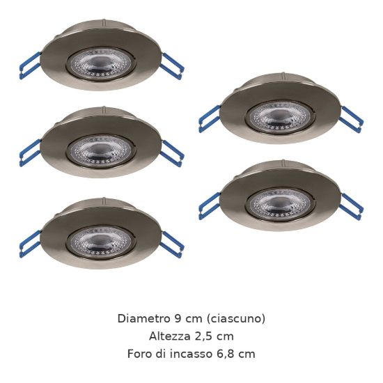 Eglo gedrez set 5 faretti da incasso per cartongesso led 5x4,9w cct 2700k 6500k foro 6,8cm nichel opaco