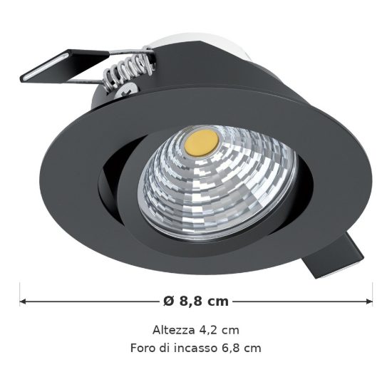 Eglo saliceto faretto da incasso per cartongesso orientabile led 6,4w 4000k foro 6,8cm nero