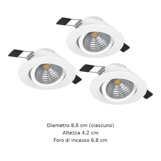 Eglo saliceto set 3 faretti da incasso per cartongesso orientabili led 3x4,8w 2700k foro 6,8cm bianco