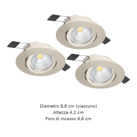 Eglo saliceto set 3 faretti da incasso per cartongesso orientabili led 3x4,8w 2700k foro 6,8cm nichel opaco