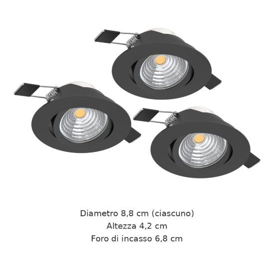 Eglo saliceto set 3 faretti da incasso per cartongesso orientabili led 3x4,8w 2700k foro 6,8cm nero