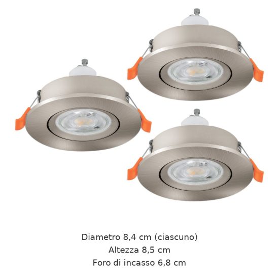 Eglo barranco gu10 set 3 faretti da incasso per cartongesso orientabili led 3x4,5w 4000k ip44 foro 6,8cm nichel opaco