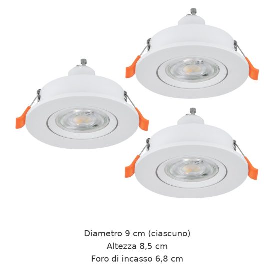 Eglo barranco gu10 set 3 faretti da incasso per cartongesso orientabili led 3x4,5w 4000k foro 6,8cm bianco