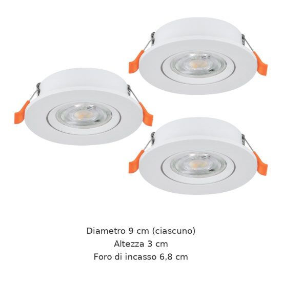 Eglo barranco set 3 faretti da incasso per cartongesso orientabili led 3x4,5w cct 2700k 6500k foro 6,8cm bianco