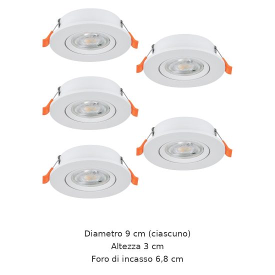 Eglo barranco set 5 faretti da incasso per cartongesso orientabili led 5x4,5w cct 2700k 6500k foro 6,8cm bianco