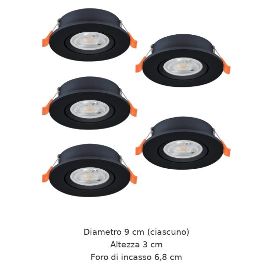 Eglo barranco set 5 faretti da incasso per cartongesso orientabili led 5x4,5w cct 2700k 6500k foro 6,8cm nero
