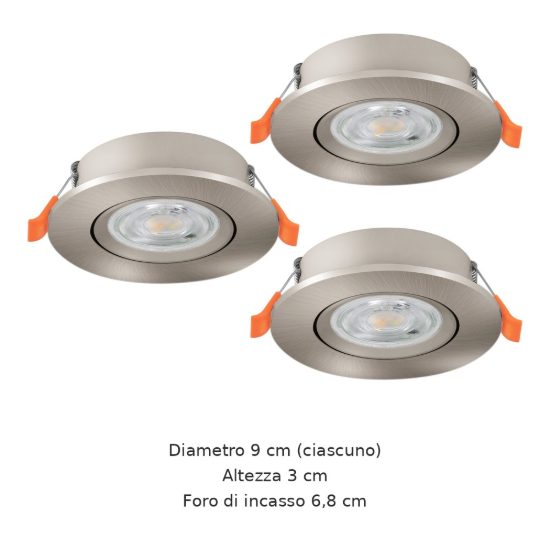 Eglo barranco set 3 faretti da incasso per cartongesso orientabili led 3x4,5w cct 2700k 6500k foro 6,8cm nichel opaco