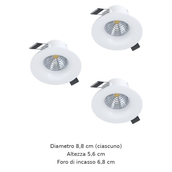 Eglo saliceto set 3 faretti da incasso per cartongesso led 3x4,8w 2700k foro 6,8cm bianco
