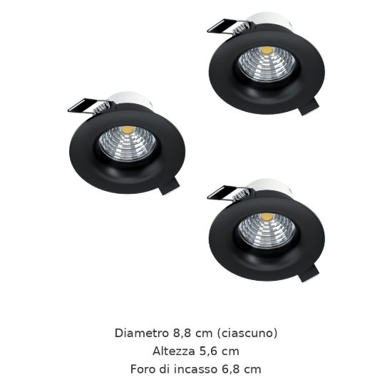 Eglo saliceto set 3 faretti da incasso per cartongesso led 3x4,8w 2700k foro 6,8cm nero
