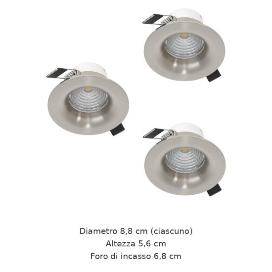 Eglo saliceto set 3 faretti da incasso per cartongesso led 3x4,8w 2700k foro 6,8cm nichel opaco