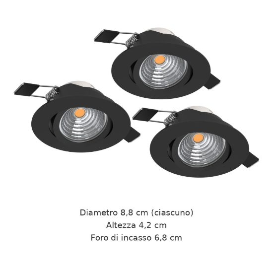 Eglo saliceto set 3 faretti da incasso per cartongesso orientabili led 3x6,4w 4000k foro 6,8cm nero