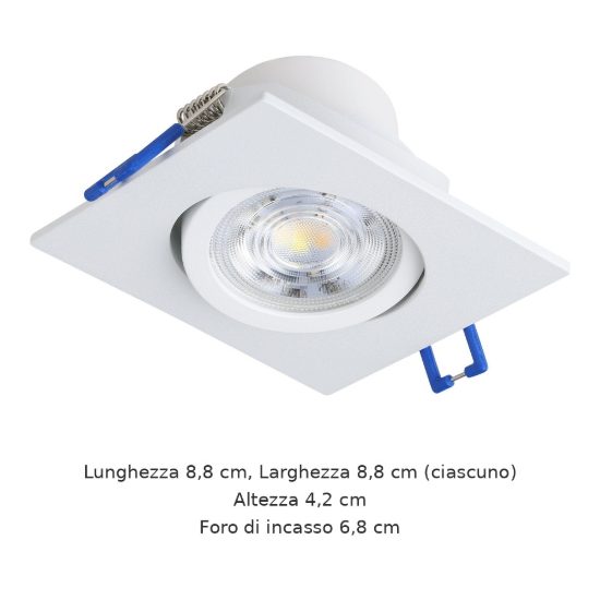 Eglo saliceto set 3 faretti da incasso per cartongesso orientabili led 3x4,8w 2700k quadrato foro 6,8cm bianco