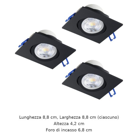 Eglo saliceto set 3 faretti da incasso per cartongesso orientabili led 3x6,4w 4000k quadrato foro 6,8cm nero