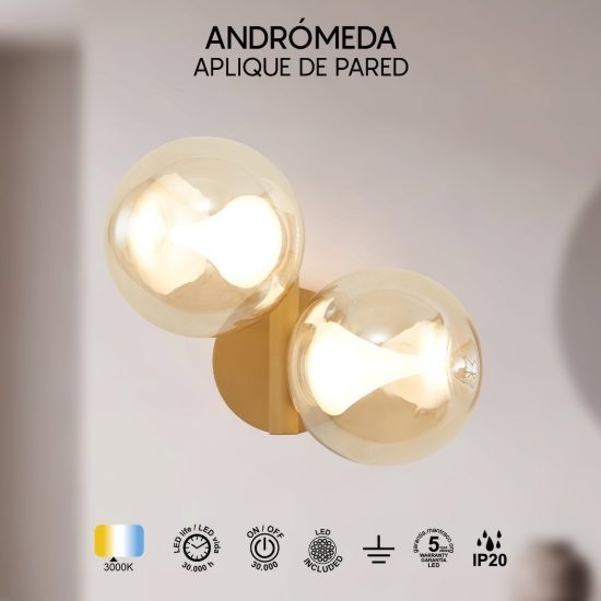 Applique da parete moderna oro doppio sfera vetro led 3000k