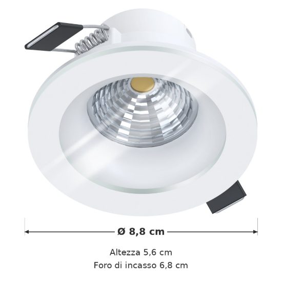 Eglo salabate faretto da incasso per cartongesso led 6w 2700k dimmerabile ip44 foro 6,8cm bianco
