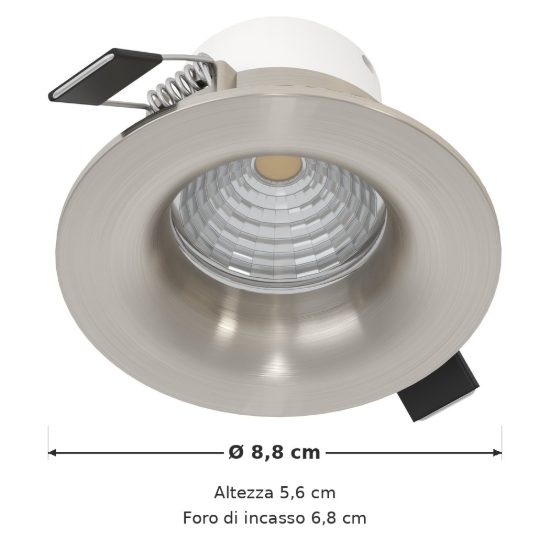 Eglo saliceto faretto da incasso per cartongesso led 4,8w 2700k foro 6,8cm nichel opaco