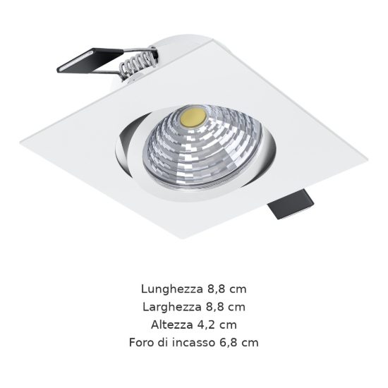 Eglo saliceto faretto da incasso per cartongesso orientabile led 4,8w 2700k quadrato foro 6,8cm bianco