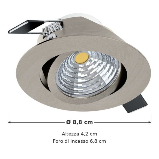 Eglo saliceto faretto da incasso per cartongesso orientabile led 4,8w 2700k foro 6,8cm nichel opaco