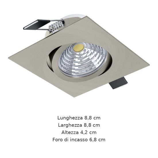 Eglo saliceto faretto da incasso per cartongesso orientabile led 4,8w 2700k quadrato foro 6,8cm nichel opaco