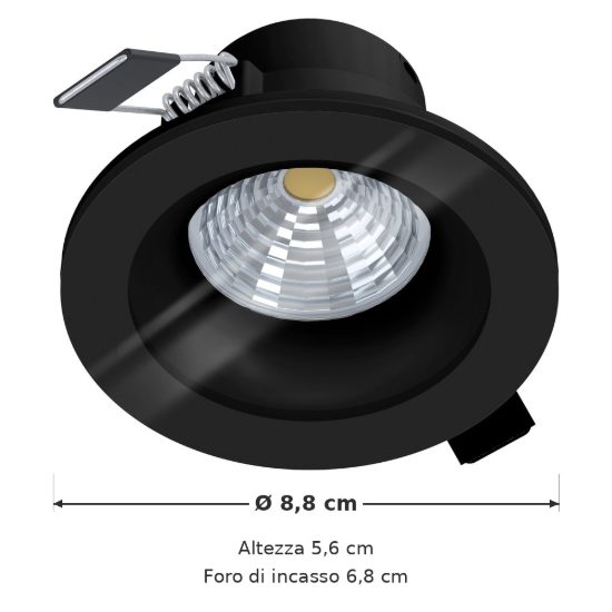 Eglo salabate faretto da incasso per cartongesso led 6w 2700k dimmerabile ip44 foro 6,8cm nero