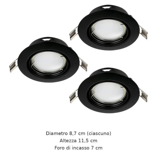Eglo peneto set 3 faretti da incasso per cartongesso orientabili led 3x4,6w 3000k foro 7cm nero