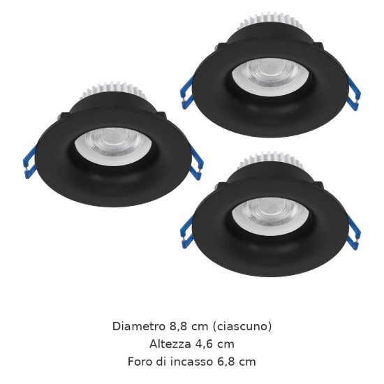 Eglo salabate set 3 faretti da incasso per cartongesso led 3x5w cct 2700k 6500k ip65 foro 6,8cm nero