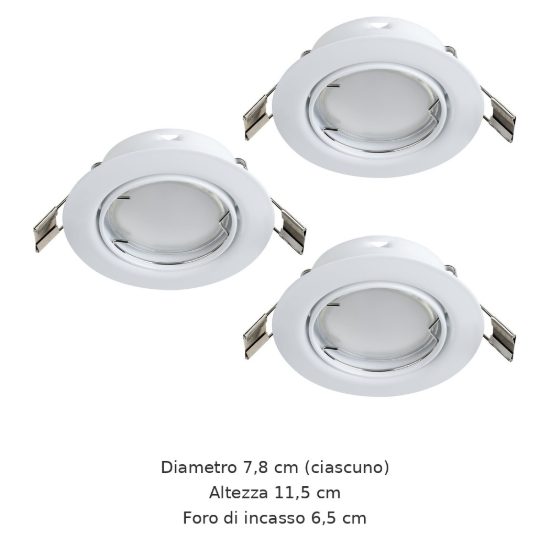 Eglo peneto set 3 faretti da incasso per cartongesso orientabili led 3x2,8w 3000k foro 6,5cm bianco
