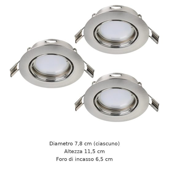 Eglo peneto set 3 faretti da incasso per cartongesso orientabili led 3x2,8w 3000k foro 6,5cm nichel opaco