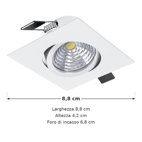 Eglo saliceto faretto da incasso per cartongesso orientabile led 6,4w 4000k quadrato foro 6,8cm bianco