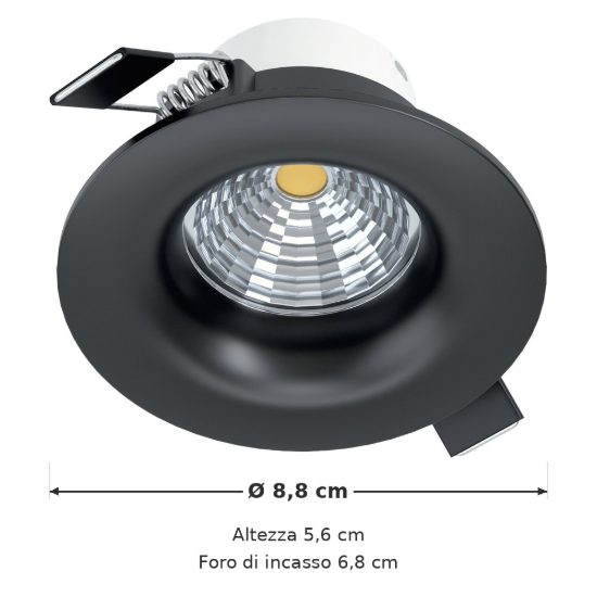 Eglo saliceto faretto da incasso per cartongesso led 4,8w 2700k foro 6,8cm nero